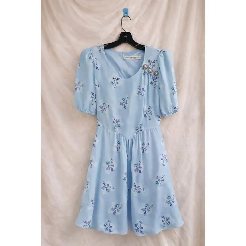 Alessandra Rich Blue Floral Silk Mini Dress Puff Sleeve Embellished S (US4)